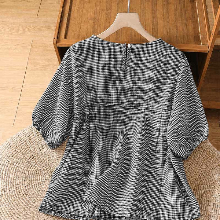Buddha Stones Sommerliches, lässiges, minimalistisches kariertes Kurzarm-T-Shirt für Damen mit Rundhalsausschnitt - image 1