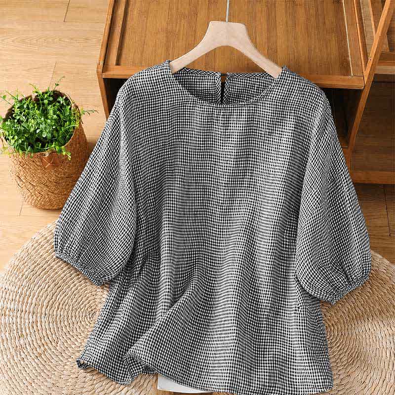 Buddha Stones Sommerliches, lässiges, minimalistisches kariertes Kurzarm-T-Shirt für Damen mit Rundhalsausschnitt - Schwarz - US12, UK/AU16, EU44 (2XL) - image 0