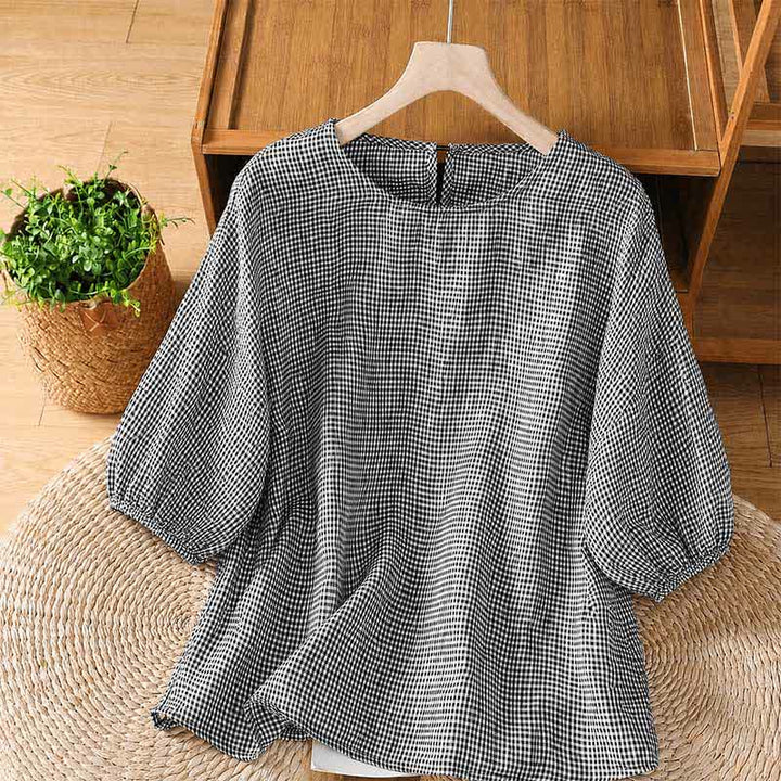Buddha Stones Sommerliches, lässiges, minimalistisches kariertes Kurzarm-T-Shirt für Damen mit Rundhalsausschnitt - Schwarz - US12, UK/AU16, EU44 (2XL) - image 0