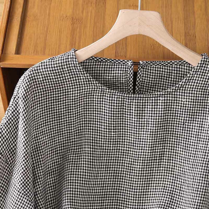 Buddha Stones Sommerliches, lässiges, minimalistisches kariertes Kurzarm-T-Shirt für Damen mit Rundhalsausschnitt - image 3