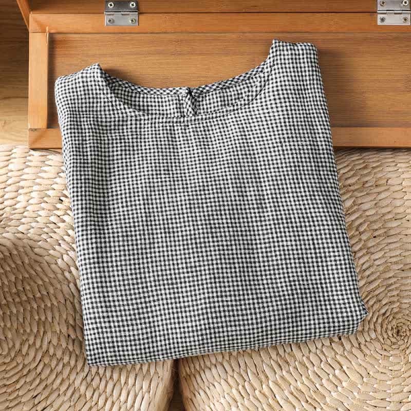 Buddha Stones Sommerliches, lässiges, minimalistisches kariertes Kurzarm-T-Shirt für Damen mit Rundhalsausschnitt - image 2