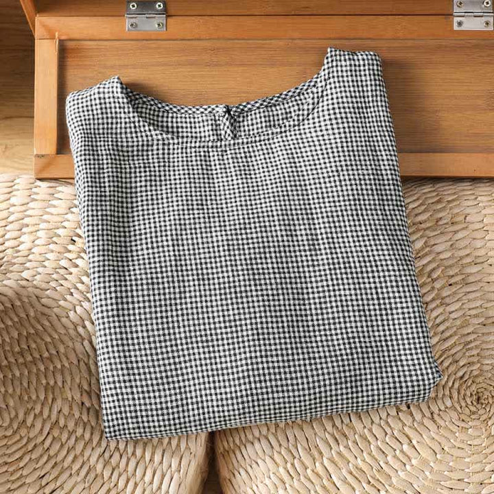 Buddha Stones Sommerliches, lässiges, minimalistisches kariertes Kurzarm-T-Shirt für Damen mit Rundhalsausschnitt - image 2