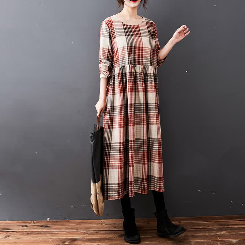 Buddha Stones Lässiges Vintage-Karo-Damenkleid mit langen Ärmeln und Taschen für den Herbst - SandyBrown - US14, UK/AU18, EU46 (2XL) - image 5