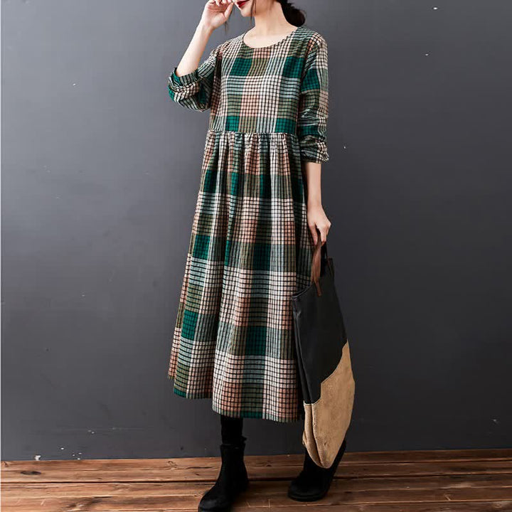 Buddha Stones Lässiges Vintage-Karo-Damenkleid mit langen Ärmeln und Taschen für den Herbst - Waldgrün - US14, UK/AU18, EU46 (2XL) - image 3
