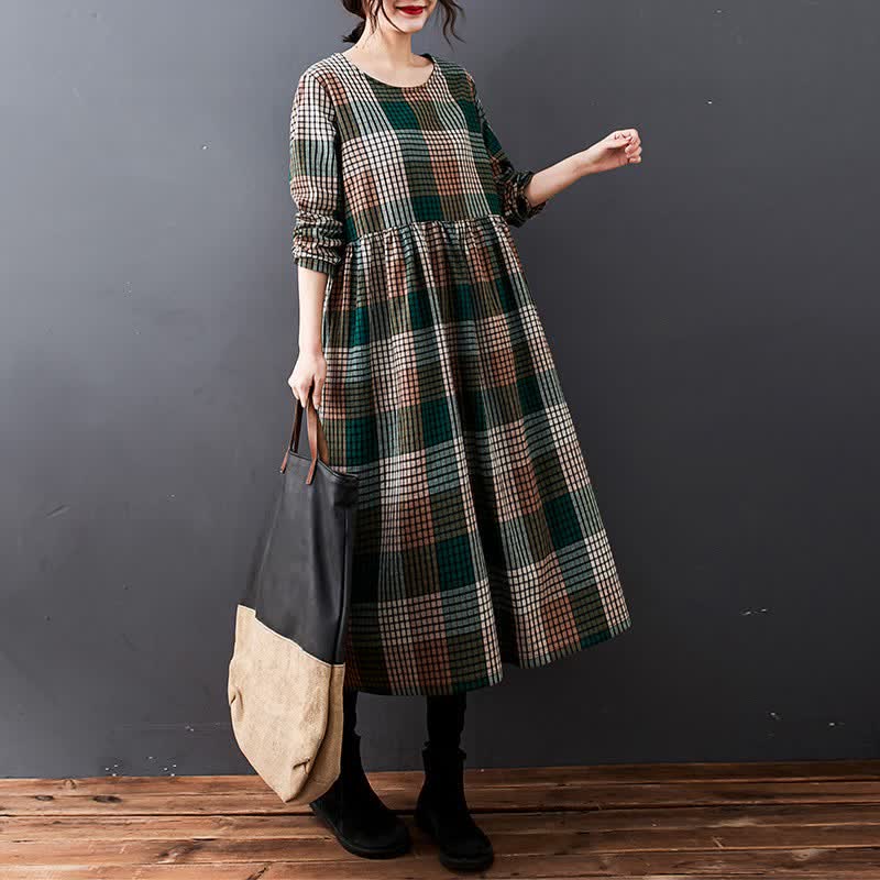 Buddha Stones Lässiges Vintage-Karo-Damenkleid mit langen Ärmeln und Taschen für den Herbst - image 4