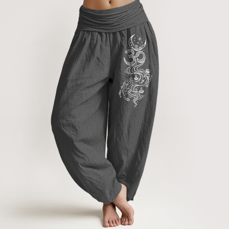Buddha Stones Haremshose aus reiner Baumwolle mit heiligem Mond-Om-Muster und elastischem Bund für Damen. - DimGray - US16, UK/AU20, EU48 (3XL) - image 0