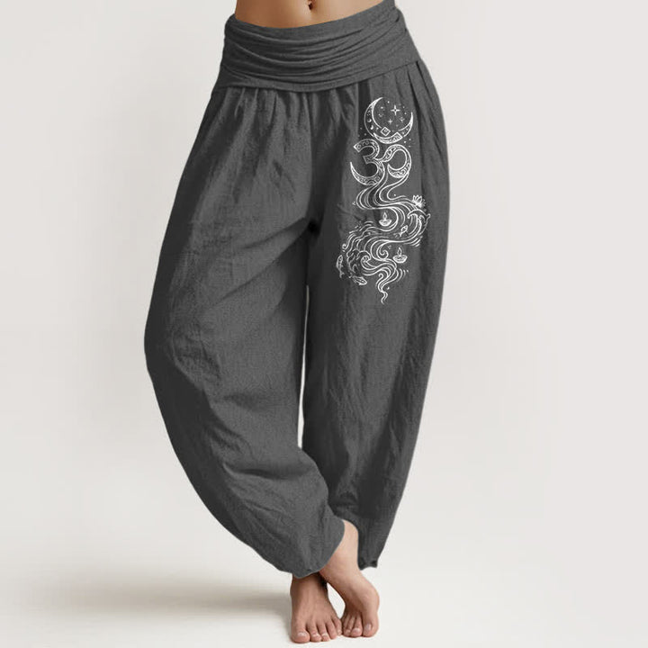 Buddha Stones Haremshose aus reiner Baumwolle mit heiligem Mond-Om-Muster und elastischem Bund für Damen. - DimGray - US16, UK/AU20, EU48 (3XL) - image 0