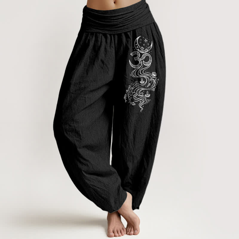 Buddha Stones Haremshose aus reiner Baumwolle mit heiligem Mond-Om-Muster und elastischem Bund für Damen. - Schwarz - US16, UK/AU20, EU48 (3XL) - image 5