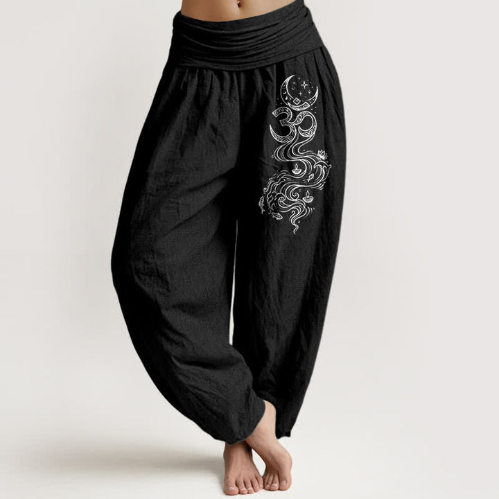 Buddha Stones Haremshose aus reiner Baumwolle mit heiligem Mond-Om-Muster und elastischem Bund für Damen. - Schwarz - US16, UK/AU20, EU48 (3XL) - image 5