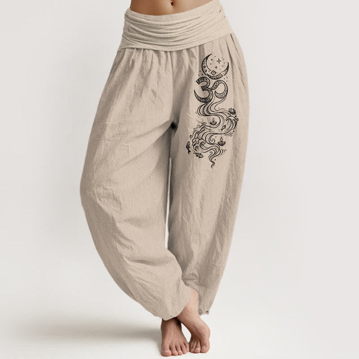 Buddha Stones Haremshose aus reiner Baumwolle mit heiligem Mond-Om-Muster und elastischem Bund für Damen. - Bräunen - US16, UK/AU20, EU48 (3XL) - image 11