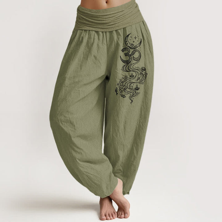 Buddha Stones Haremshose aus reiner Baumwolle mit heiligem Mond-Om-Muster und elastischem Bund für Damen. - Olivgrün - US16, UK/AU20, EU48 (3XL) - image 14