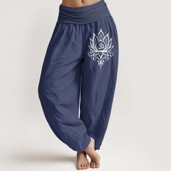 Buddha Stones Damen-Haremshose aus reiner Baumwolle mit weißem Lotus-Om-Muster und elastischem Bund - Dunkelschieferblau - US16, UK/AU20, EU48 (3XL) - image 0