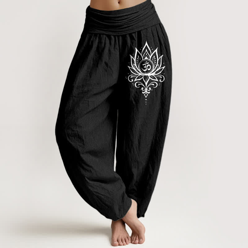 Buddha Stones Damen-Haremshose aus reiner Baumwolle mit weißem Lotus-Om-Muster und elastischem Bund - Schwarz - US16, UK/AU20, EU48 (3XL) - image 5