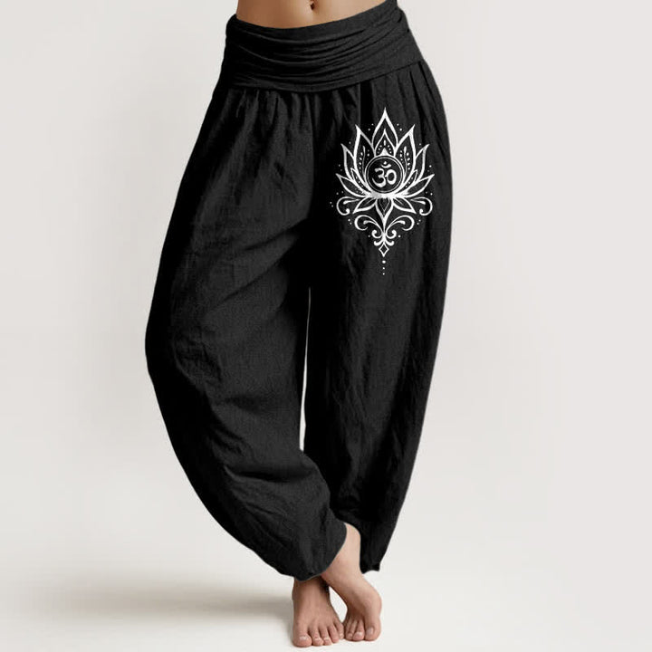 Buddha Stones Damen-Haremshose aus reiner Baumwolle mit weißem Lotus-Om-Muster und elastischem Bund - Schwarz - US16, UK/AU20, EU48 (3XL) - image 5