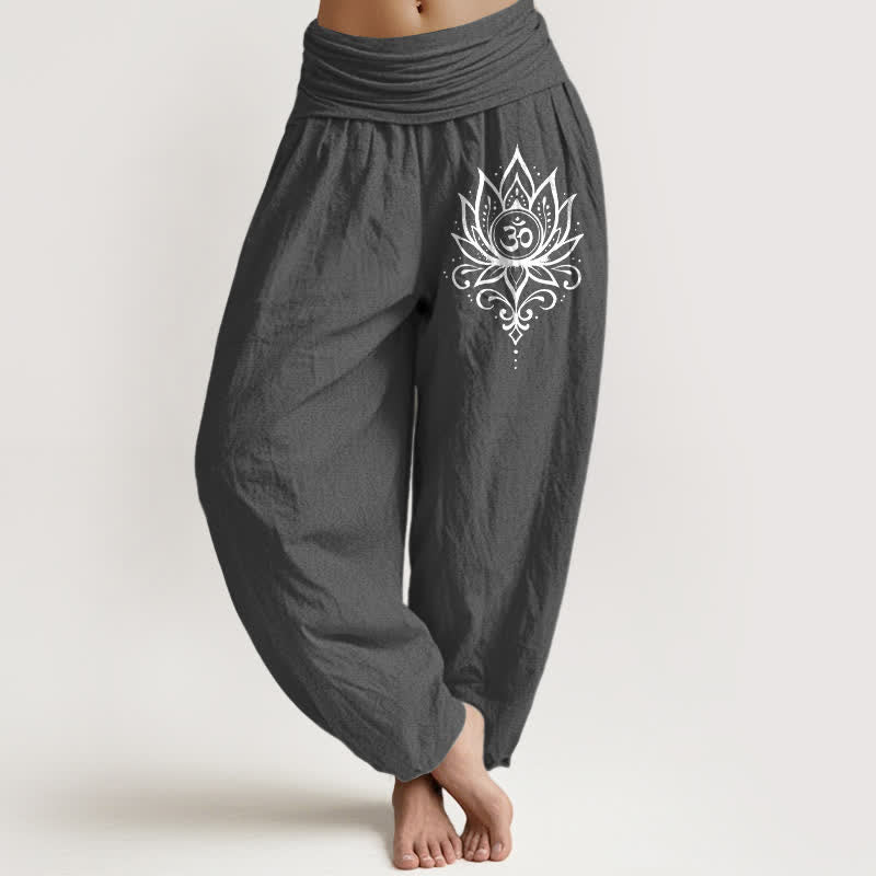 Buddha Stones Damen-Haremshose aus reiner Baumwolle mit weißem Lotus-Om-Muster und elastischem Bund - DimGray - US16, UK/AU20, EU48 (3XL) - image 8