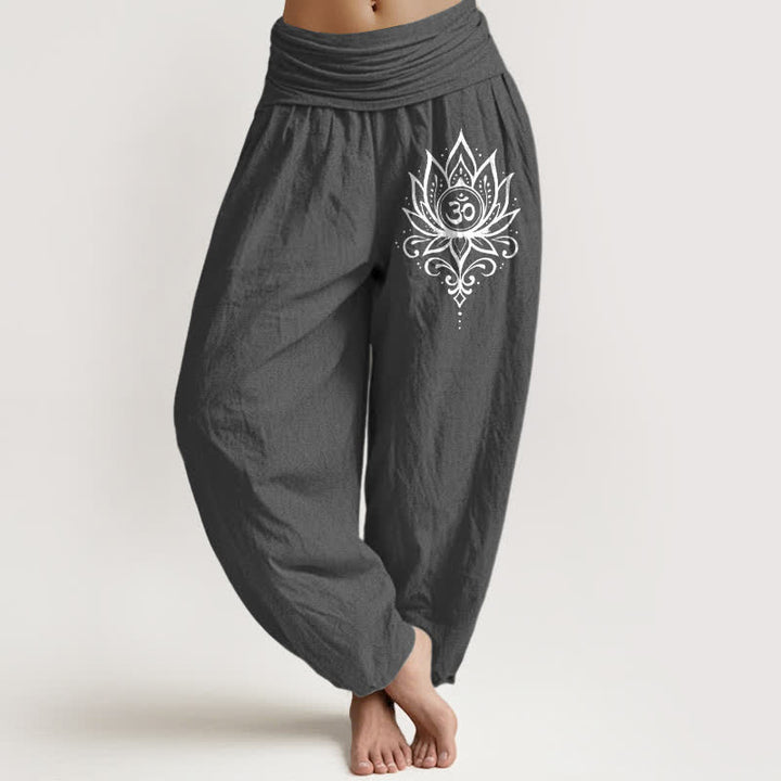 Buddha Stones Damen-Haremshose aus reiner Baumwolle mit weißem Lotus-Om-Muster und elastischem Bund - DimGray - US16, UK/AU20, EU48 (3XL) - image 8