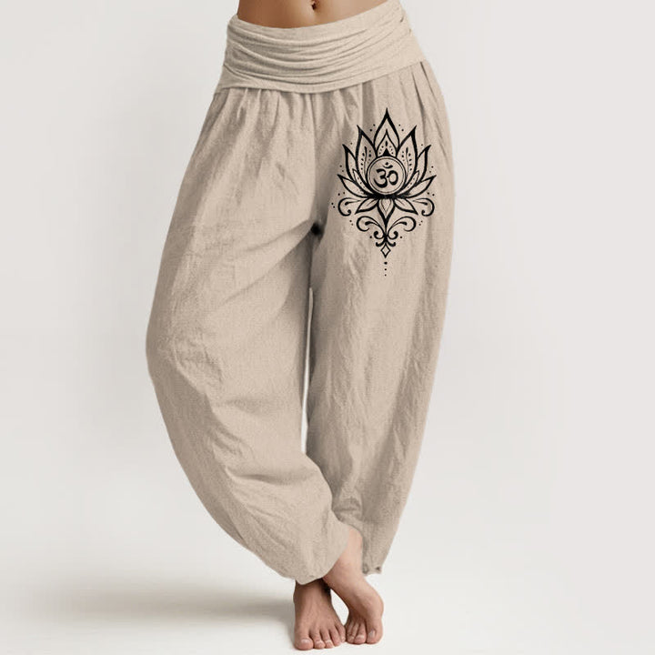 Buddha Stones Damen-Haremshose aus reiner Baumwolle mit weißem Lotus-Om-Muster und elastischem Bund - Bräunen - US16, UK/AU20, EU48 (3XL) - image 11