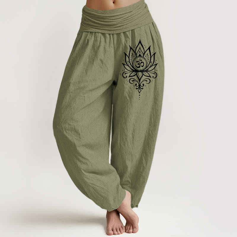 Buddha Stones Damen-Haremshose aus reiner Baumwolle mit weißem Lotus-Om-Muster und elastischem Bund - Olivgrün - US16, UK/AU20, EU48 (3XL) - image 14