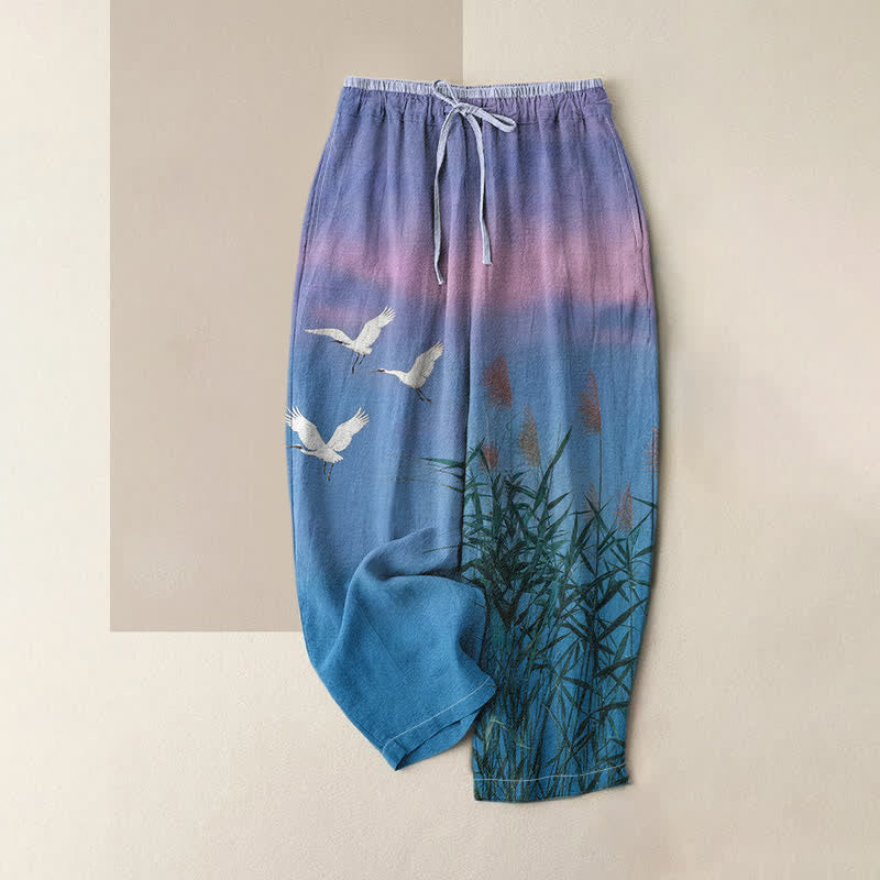 Buddha Stones Damenhose aus reiner Baumwolle mit Bambus-Kranichmuster, elastischem Bund und Taschen - Kornblumenblau - US16, UK/AU20, EU48 (3XL) - image 0