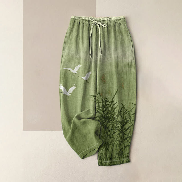 Buddha Stones Damenhose aus reiner Baumwolle mit Bambus-Kranichmuster, elastischem Bund und Taschen - Dunkelmeergrün - US16, UK/AU20, EU48 (3XL) - image 3