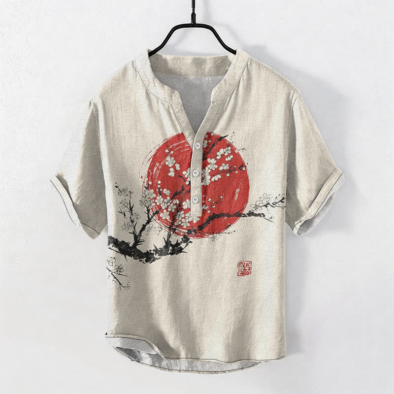 Buddha Stones Herrenhemd aus Baumwolle mit Pflaumenblüten- und Sonnenmuster, Kurzarm, halbe Knopfleiste - Leinen - US/UK/AU50, EU60 (5XL) - image 0