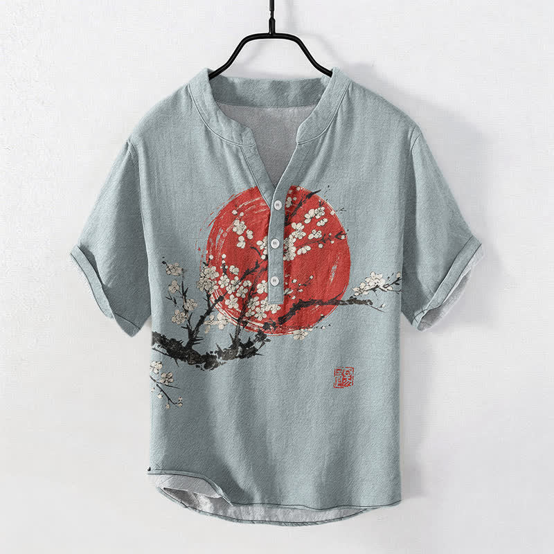Buddha Stones Herrenhemd aus Baumwolle mit Pflaumenblüten- und Sonnenmuster, Kurzarm, halbe Knopfleiste - Hellblau - US/UK/AU50, EU60 (5XL) - image 5