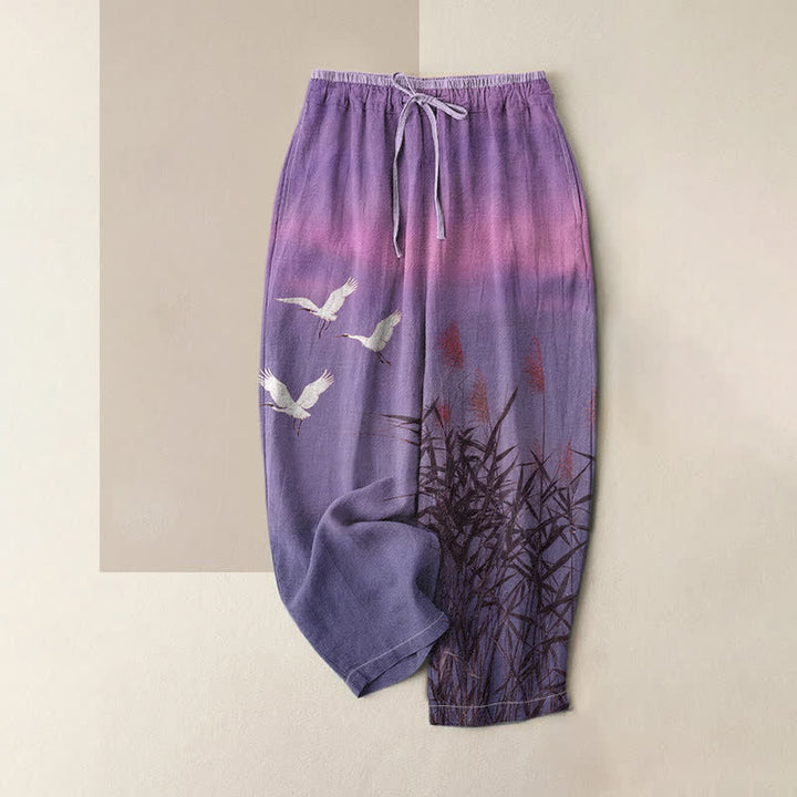 Buddha Stones Damenhose aus reiner Baumwolle mit Bambus-Kranichmuster, elastischem Bund und Taschen - Mittelviolett - US16, UK/AU20, EU48 (3XL) - image 4