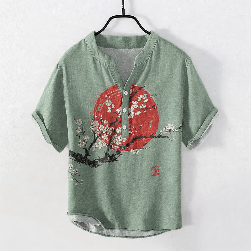Buddha Stones Herrenhemd aus Baumwolle mit Pflaumenblüten- und Sonnenmuster, Kurzarm, halbe Knopfleiste - Dunkelmeergrün - US/UK/AU50, EU60 (5XL) - image 7
