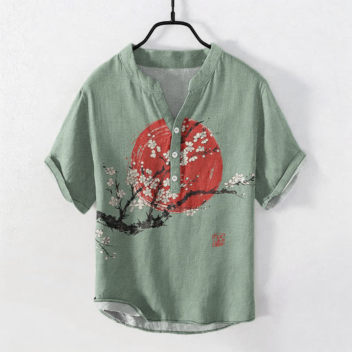 Buddha Stones Herrenhemd aus Baumwolle mit Pflaumenblüten- und Sonnenmuster, Kurzarm, halbe Knopfleiste - Dunkelmeergrün - US/UK/AU50, EU60 (5XL) - image 7