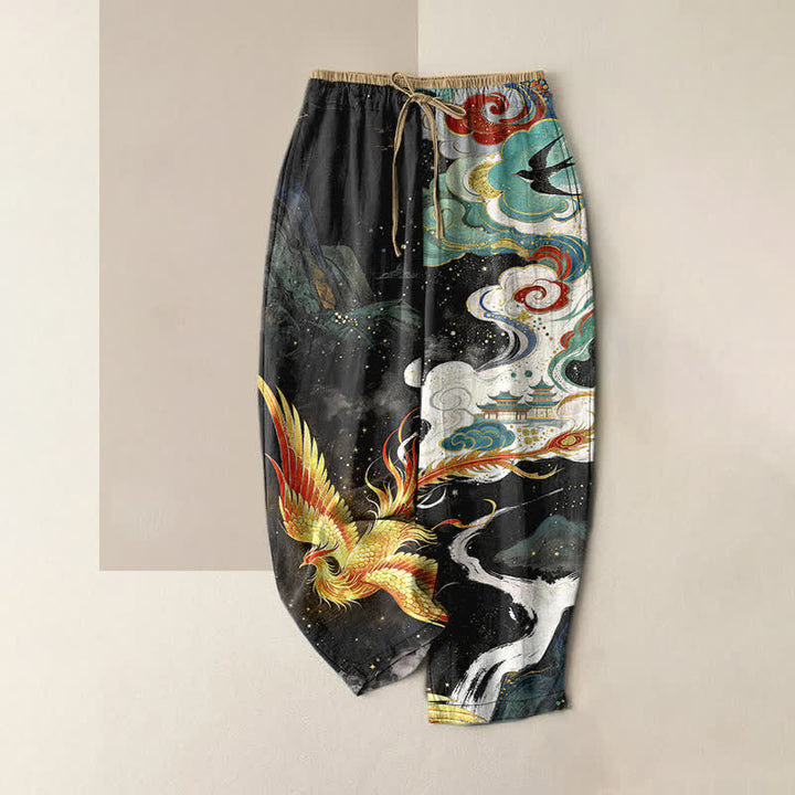Buddha Stones Elegante Damenhose aus reiner Baumwolle mit Phönix-Wolken-Muster, elastischem Bund und Taschen - Schwarz - US16, UK/AU20, EU48 (3XL) - image 0
