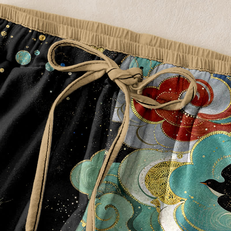 Buddha Stones Elegante Damenhose aus reiner Baumwolle mit Phönix-Wolken-Muster, elastischem Bund und Taschen - image 1