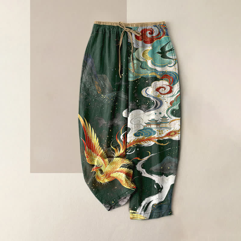 Buddha Stones Elegante Damenhose aus reiner Baumwolle mit Phönix-Wolken-Muster, elastischem Bund und Taschen - Dunkelgrün - US16, UK/AU20, EU48 (3XL) - image 4