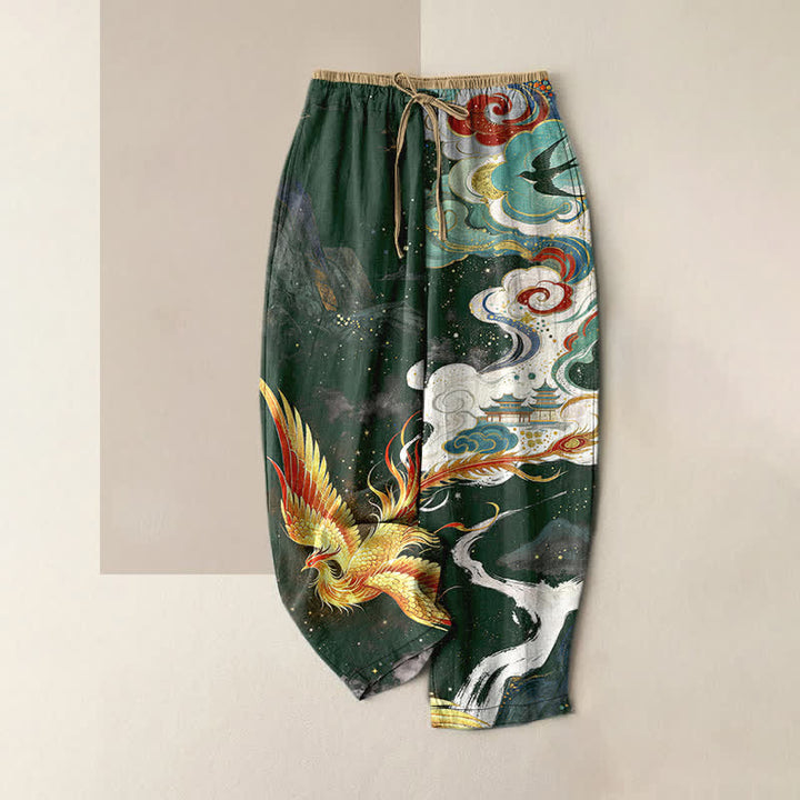 Buddha Stones Elegante Damenhose aus reiner Baumwolle mit Phönix-Wolken-Muster, elastischem Bund und Taschen - Dunkelgrün - US16, UK/AU20, EU48 (3XL) - image 4