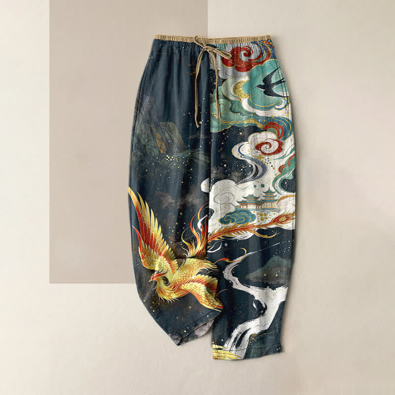 Buddha Stones Elegante Damenhose aus reiner Baumwolle mit Phönix-Wolken-Muster, elastischem Bund und Taschen - Mitternachtsblau - US16, UK/AU20, EU48 (3XL) - image 5