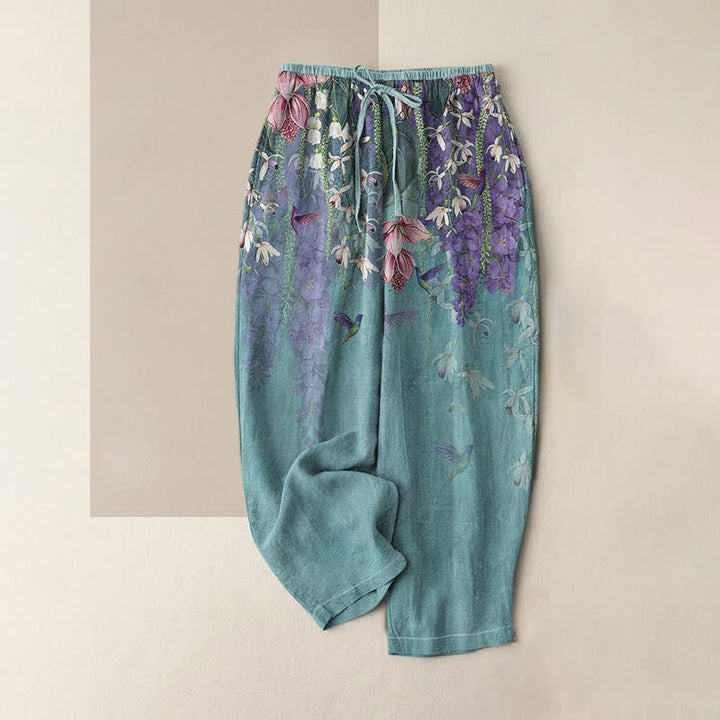 Buddha Stones Damenhose aus reiner Baumwolle mit Blumen- und Vogelmuster, elastischem Bund und Taschen - Türkis - US16, UK/AU20, EU48 (3XL) - image 0