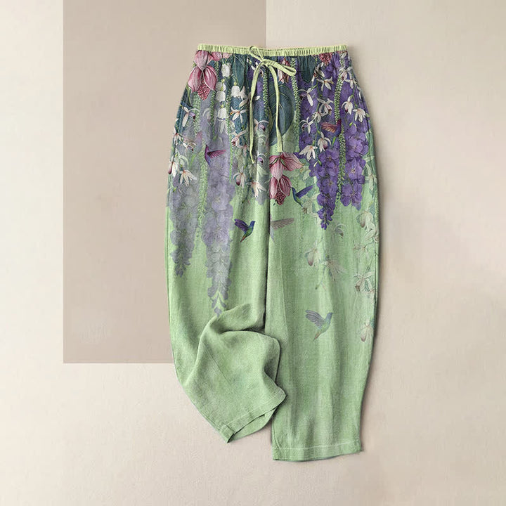 Buddha Stones Damenhose aus reiner Baumwolle mit Blumen- und Vogelmuster, elastischem Bund und Taschen - Hellgrün - US16, UK/AU20, EU48 (3XL) - image 3