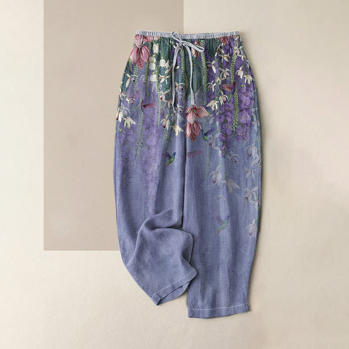 Buddha Stones Damenhose aus reiner Baumwolle mit Blumen- und Vogelmuster, elastischem Bund und Taschen - Mittelviolett - US16, UK/AU20, EU48 (3XL) - image 4