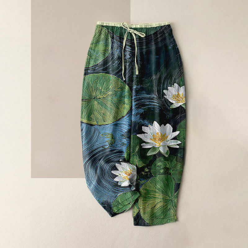 Buddha Stones Damenhose aus reiner Baumwolle mit Lotus-Teich-Muster, elastischem Bund und Taschen - Blau - US16, UK/AU20, EU48 (3XL) - image 0
