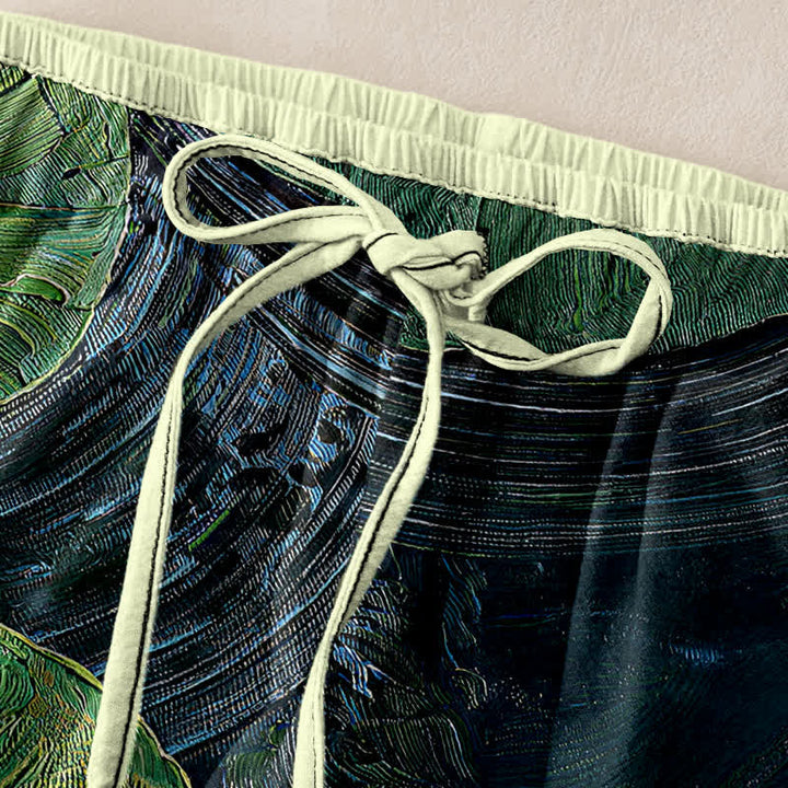 Buddha Stones Damenhose aus reiner Baumwolle mit Lotus-Teich-Muster, elastischem Bund und Taschen - image 1