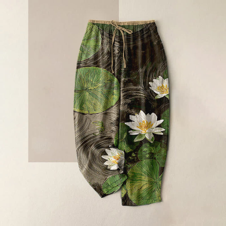 Buddha Stones Damenhose aus reiner Baumwolle mit Lotus-Teich-Muster, elastischem Bund und Taschen - Dunkelolivgrün - US16, UK/AU20, EU48 (3XL) - image 4