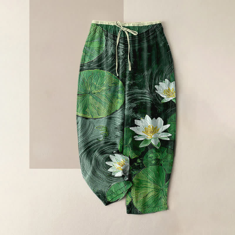 Buddha Stones Damenhose aus reiner Baumwolle mit Lotus-Teich-Muster, elastischem Bund und Taschen - Dunkelgrün - US16, UK/AU20, EU48 (3XL) - image 5