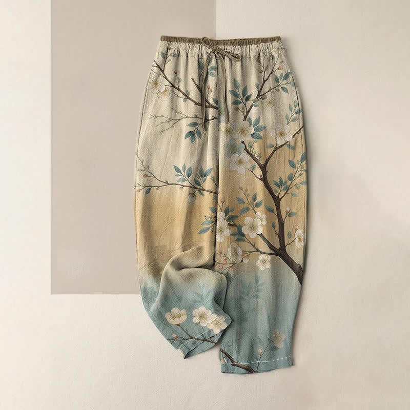 Buddha Stones Damenhose aus reiner Baumwolle mit elastischem Bund, Taschen und Tintenblüten- und Zweigmuster - Beige - US16, UK/AU20, EU48 (3XL) - image 0