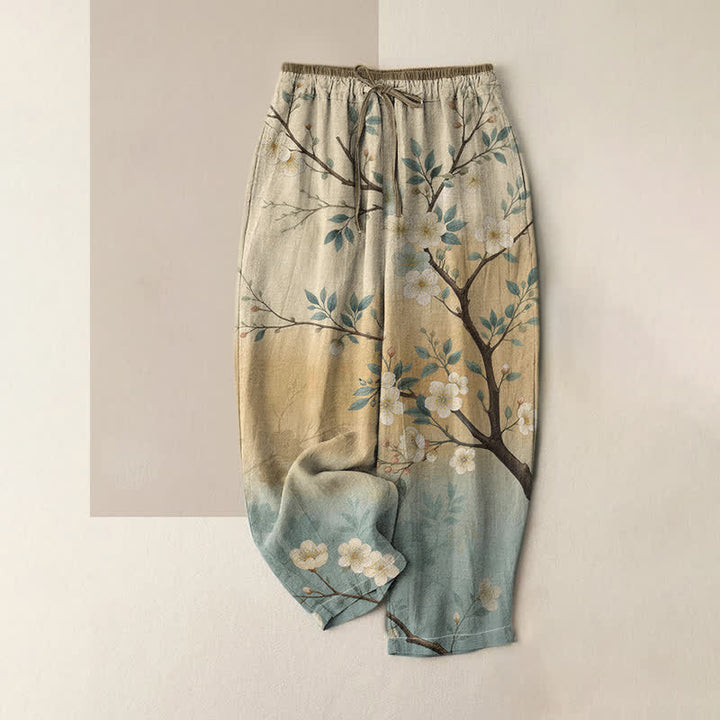 Buddha Stones Damenhose aus reiner Baumwolle mit elastischem Bund, Taschen und Tintenblüten- und Zweigmuster - Beige - US16, UK/AU20, EU48 (3XL) - image 0