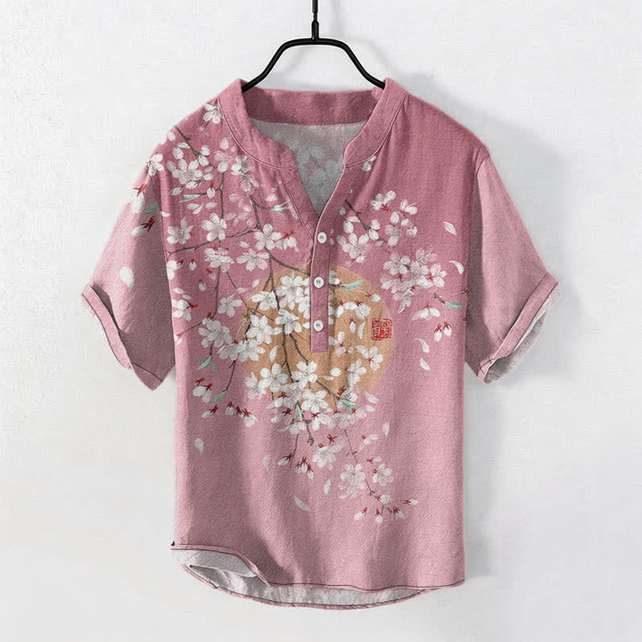 Buddha Stones Kurzarm-Herrenhemd aus Baumwolle mit Kirschblütenzweig- und Sonnenmuster, halb geknöpft - Blassviolettrot - US/UK/AU50, EU60 (5XL) - image 0