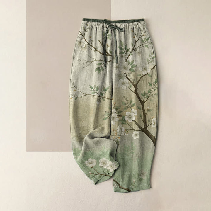 Buddha Stones Damenhose aus reiner Baumwolle mit elastischem Bund, Taschen und Tintenblüten- und Zweigmuster - Hellgrün - US16, UK/AU20, EU48 (3XL) - image 3