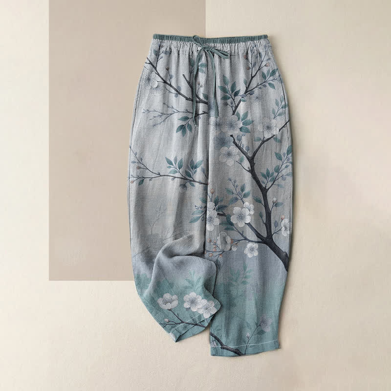 Buddha Stones Damenhose aus reiner Baumwolle mit elastischem Bund, Taschen und Tintenblüten- und Zweigmuster - Kadettenblau - US16, UK/AU20, EU48 (3XL) - image 4