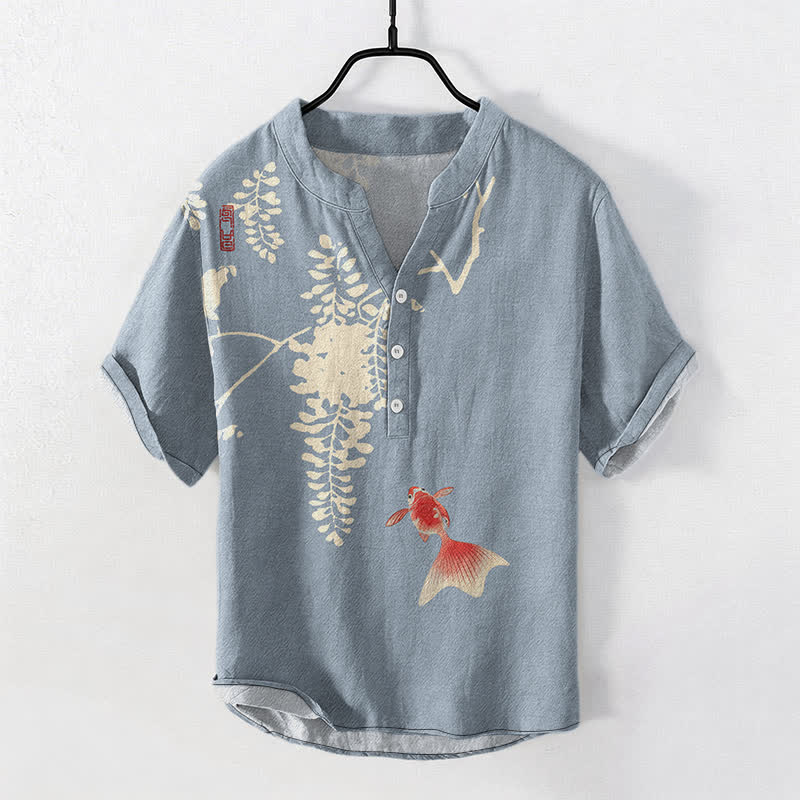 Buddha Stones Kurzarmhemd aus Baumwolle mit Koi-Fisch- und Blumenrankenmuster, halb geknöpft, für Herren - Hellblau - US/UK/AU50, EU60 (5XL) - image 0