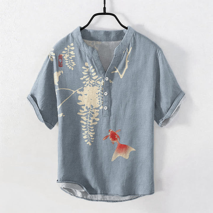 Buddha Stones Kurzarmhemd aus Baumwolle mit Koi-Fisch- und Blumenrankenmuster, halb geknöpft, für Herren - Hellblau - US/UK/AU50, EU60 (5XL) - image 0