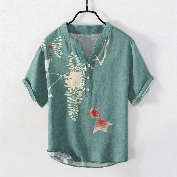 Buddha Stones Kurzarmhemd aus Baumwolle mit Koi-Fisch- und Blumenrankenmuster, halb geknöpft, für Herren - Mittel-Aquamarin - US/UK/AU50, EU60 (5XL) - image 5