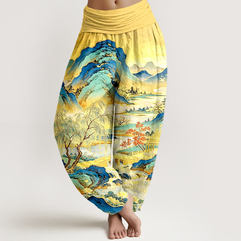 Buddha Stones Baumwoll-Haremshose mit orientalischem Landschaftsmuster und elastischem Bund für Damen - Gelb - US16, UK/AU20, EU48 (3XL) - image 0